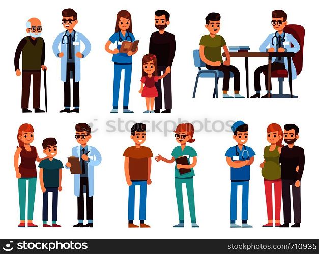Doctors and patients. Medicine office staff hospital diagnosis treatment patient clinic doctor nurse professional help, medic vector image. Doctors and patients. Medicine office staff hospital diagnosis treatment patient clinic doctor nurse professional help, vector image