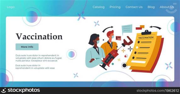 Doctors and scientists reading instructions on vaccination and immunization process for people. Clinic or hospital curing from covid 19. Website or webpage template, landing page flat vector. Vaccination process, doctors with instructions