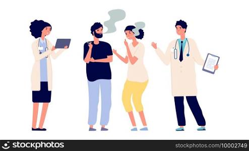 Doctors and smokers. Drug addiction. Vector male female characters. Doctors offer help get rid of addiction. Illustration smoke people and doctor, addiction cigarette. Doctors and smokers. Drug addiction. Vector male female characters. Doctors offer help get rid of addiction