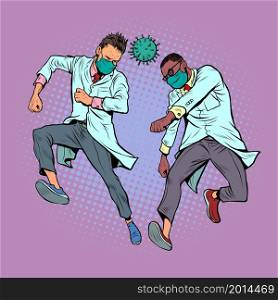 Doctors are playing coronavirus like a ball, sports football rivalry, fight for victory. Pop art Retro vector illustration 50e 60 style. Doctors are playing coronavirus like a ball, sports football rivalry, fight for victory