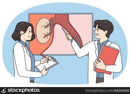 Doctors brainstorm talk about patient embolization. Medical colleague discuss diagnosis looking at organ picture. Hepatology and liver problem. Vector illustration.. Doctor discuss picture with embolization