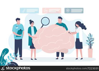 Doctors conduct various studies on brain. Female character examines brain with magnifying glass. Group of medical staff in white coats. Idea of medical treatment and healthcare. Vector illustration. Doctors conduct various studies on brain. Female character examines brain with magnifying glass. Group of medical staff in white coats
