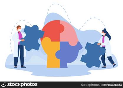 Doctors connecting puzzle of personality in head. Team of tiny people putting pieces of jigsaw together flat vector illustration. Mental health, psychological support, treatment and help concept. Doctors connecting puzzle of personality in head