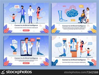 Doctors Consulting Disabled Patients Banner Set. Artificial Intelligence Connection. Rehabilitation after Injure for Children and Adult People. Bionic Leg, Hand Prostheses. Cartoon Vector Illustration. Doctors Consulting Disabled Patients Banner Set