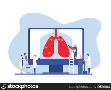 Doctors do a lung exam. Covid-19 coronavirus vaccination or research. Flat vector Vector illustration.