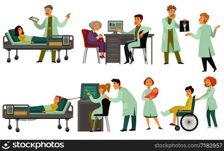 Doctors examine and treat patients with special medical equipment. Old pensioners, littles baby, injured and ill people. Hospital workers in robes isolated cartoon flat vector illustrations set.. Doctors examine and treat patients with special medical equipment