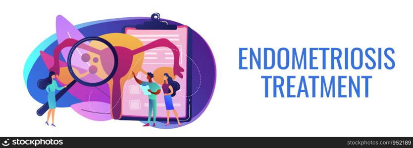 Doctors examine uterus with magnifier to treat endometriosis. Endometriosis, endometrium dysfunctionality, endometriosis treatment concept. Header or footer banner template with copy space.. Endometriosis concept banner header.