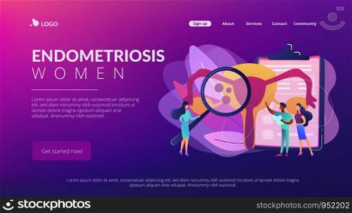 Doctors examine uterus with magnifier to treat endometriosis. Endometriosis, endometrium dysfunctionality, endometriosis treatment concept. Website vibrant violet landing web page template.. Endometriosis concept landing page.