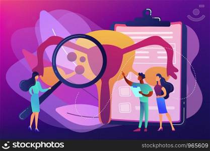 Doctors examine uterus with magnifier to treat endometriosis. Endometriosis, endometrium dysfunctionality, endometriosis treatment concept. Bright vibrant violet vector isolated illustration. Endometriosis concept vector illustration.