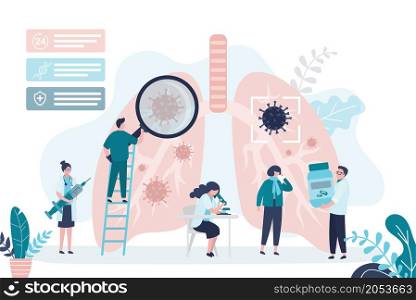 Doctors examines, treats lungs with equipment. Male character analysis diseases with magnifying glass. Coronavirus affected respiratory organ. Pulmonology, healthcare concept. Flat vector illustration. Doctors examines, treats lungs with equipment. Male character analysis diseases with magnifying glass. Coronavirus affected respiratory organ.