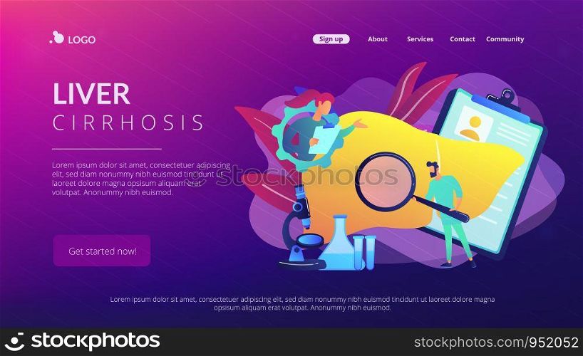 Doctors examining huge liver with magnifier and microscope. Cirrhosis, cirrhosis of the liver and liver disease concept on white background. Website vibrant violet landing web page template.. Cirrhosis concept landing page.