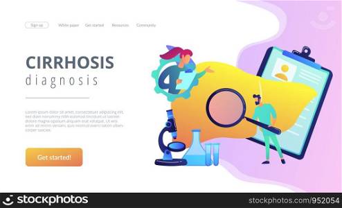 Doctors examining huge liver with magnifier and microscope. Cirrhosis, cirrhosis of the liver and liver disease concept on white background. Website vibrant violet landing web page template.. Cirrhosis concept landing page.