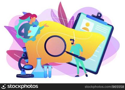 Doctors examining huge liver with magnifier and microscope. Cirrhosis, cirrhosis of the liver and liver disease concept on white background. Bright vibrant violet vector isolated illustration. Cirrhosis concept vector illustration.