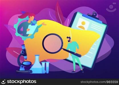 Doctors examining huge liver with magnifier and microscope. Cirrhosis, cirrhosis of the liver and liver disease concept on ultraviolet background. Bright vibrant violet vector isolated illustration. Cirrhosis concept vector illustration.