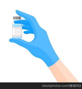 Doctors hand in blue gloves holding coronavirus, covid-19 vaccine. vaccination shot, medicine and drug concept. Vector illustration.