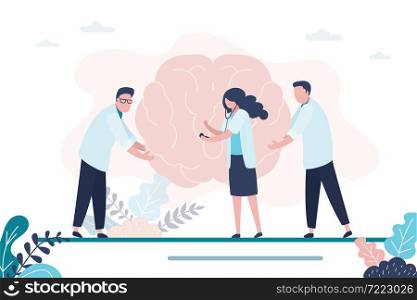 Doctors help brain. Neurologist group analyze brain anatomy. Inner organs disease treatment concept. Male and female character in white doctors coats. Brain care and healthcare. Vector illustration. Doctors help brain. Neurologist group analyze brain anatomy. Inner organs disease treatment concept