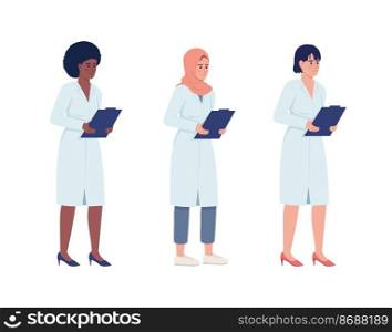Doctors holding papers semi flat color vector characters set. Editable figures. Full body people on white. Healthcare simple cartoon style illustrations for web graphic design and animation collection. Doctors holding papers semi flat color vector characters set