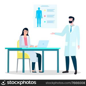 Doctors making researches and diagnosis of patient. Scientist woman working on computer. Male asking employer about results of test. Clinic or hospital medical services, vector in flat style. Medical Workers on Meeting in Laboratory Vector
