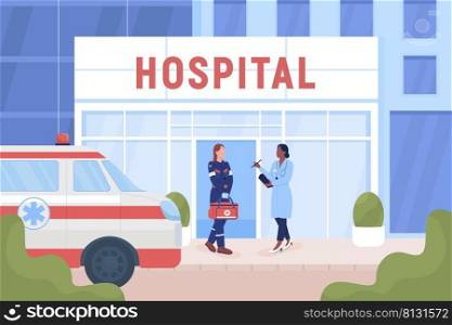 Doctors near hospital building on street flat color vector illustration. Medical service in city. Fully editable 2D simple cartoon characters with town on background. Cardo font used. Doctors near hospital building on street flat color vector illustration