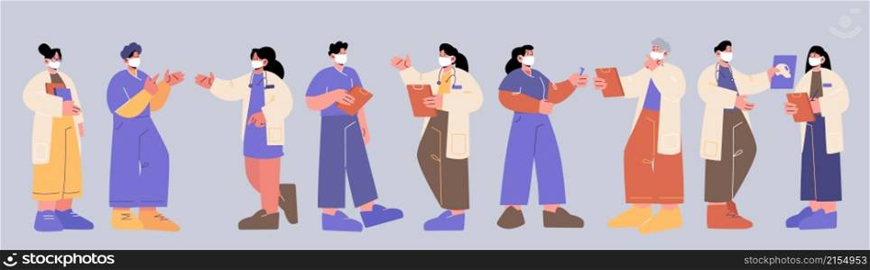 Doctors, nurses, hospital medical staff in face masks. Healthcare and medicine workers in professional uniform. Vector flat set of clinic team, people with stethoscope and clipboard. Doctors, nurses, hospital staff in face masks