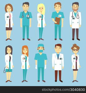 Doctors nurses medical staff people vector characters in flat style. Doctors nurses medical staff people vector characters in flat style. Practitioner and surgeon in uniform, occupation professional physician illustration