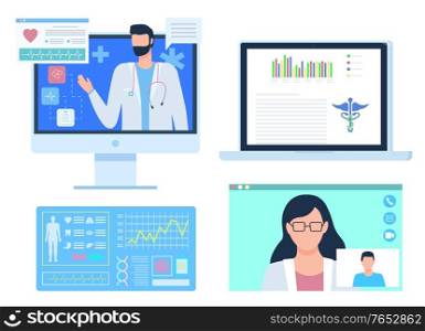 Doctors on consultation vector, man and woman professional care and info. Occupation of people healing patients, scientists in labs with analysis. Online Consultation with Doctor, Nurse and Doc