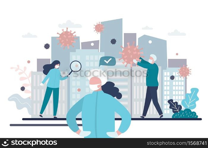 Doctors or medical staff stops spread of virus and disease. Virus research and vaccine development. Medical workers in uniform. Health care concept. Global epidemic or pandemic. Vector illustration