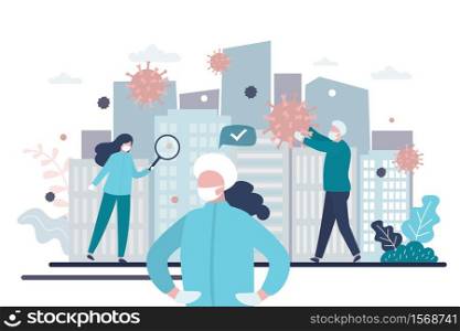 Doctors or medical staff stops spread of virus and disease. Virus research and vaccine development. Medical workers in uniform. Health care concept. Global epidemic or pandemic. Vector illustration