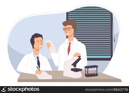 Doctors or scientists working on vaccine or diagnostics of tests. Characters working in clinics or hospital. Healthcare and diseases treatment. Team of professionals at work. Vector in flat style. Team of medical workers or researchers in lab