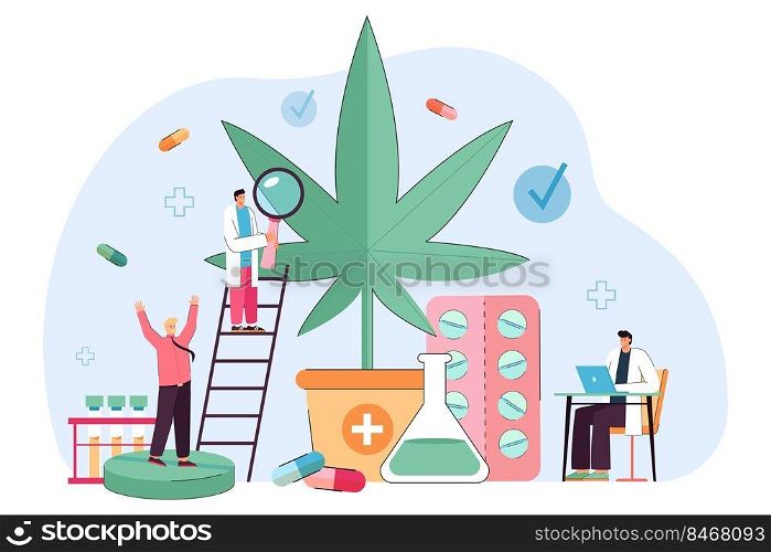 Doctors researching use of hemp oil extract from marijuana plant. Legal production of medicines from weed by tiny people flat vector illustration. Medical cannabis for patients, industry concept. Doctors researching use of hemp oil extract from marijuana plant