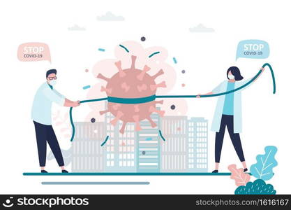 Doctors stops spread of virus and disease. Global pandemic Covid-19. Medical staff in protective masks caught and hold back coronavirus. Health care concept. Urban view. Flat Vector