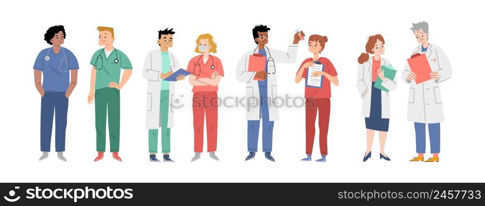 Doctors team, diverse hospital healthcare staff nurse, surgeon or therapist characters in medical robes. Group of clinic workers, medicine profession personages Cartoon linear flat vector illustration. Doctors team, diverse hospital healthcare staff