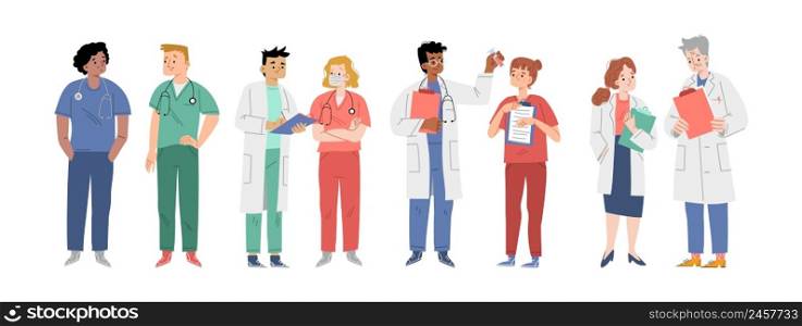 Doctors team, diverse hospital healthcare staff nurse, surgeon or therapist characters in medical robes. Group of clinic workers, medicine profession personages Cartoon linear flat vector illustration. Doctors team, diverse hospital healthcare staff