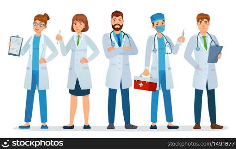 Doctors team. Healthcare workers, medical hospital nurse and doctor with stethoscope standing together cartoon vector illustration. Team medical worker with stethoscope, medical uniform doctor team. Doctors team. Healthcare workers, medical hospital nurse and doctor with stethoscope standing together cartoon vector illustration