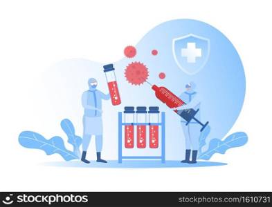 doctors team in protective costume working with dangerous liquids. Flasks, test tubes vaccine development fight against covid-19 concept vector illustration