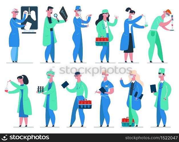 Doctors team. Medicine hospital doctor, medic physician, healthcare workers in medical coat isolated vector illustration icons set. Professional medical profession, specialist medicine worker. Doctors team. Medicine hospital doctor, medic physician, healthcare workers in medical coat isolated vector illustration icons set