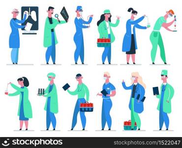 Doctors team. Medicine hospital doctor, medic physician, healthcare workers in medical coat isolated vector illustration icons set. Professional medical profession, specialist medicine worker. Doctors team. Medicine hospital doctor, medic physician, healthcare workers in medical coat isolated vector illustration icons set