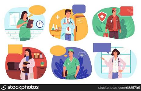Doctors with speech bubbles. Cartoon medical stuff, hospital workers recommendations. Cute men and women wear uniform in clinic. Colorful frames for health care advices and copy space, vector flat set. Doctors with speech bubbles. Medical stuff, hospital workers recommendations. Men and women wear uniform in clinic. Colorful frames for health care advices and copy space, vector set