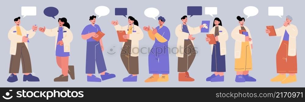 Doctors with speech bubbles, medical staff advice, concilium, consultation. Hospital healthcare characters in medical robes meeting and communication, discuss issues Line art flat vector illustration. Doctors with speech bubbles, medical staff advice