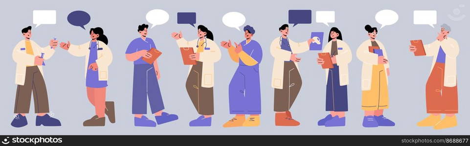 Doctors with speech bubbles, medical staff advice, concilium, consultation. Hospital healthcare characters in medical robes meeting and communication, discuss issues Line art flat vector illustration. Doctors with speech bubbles, medical staff advice