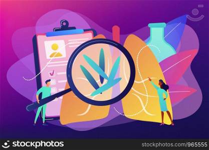 Doctot with magnifier and bacteria in lungs. Tuberculosis, mycobacterium tuberculosis and world tuberculosis day concept on ultraviolet background. Bright vibrant violet vector isolated illustration. Tuberculosis concept vector illustration.