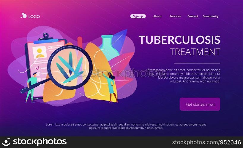 Doctot with magnifier looking at bacteria in lungs. Tuberculosis, mycobacterium tuberculosis and world tuberculosis day concept on white background. Website vibrant violet landing web page template.. Tuberculosis concept landing page.