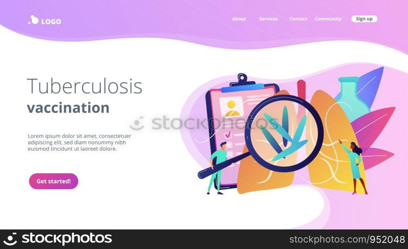 Doctot with magnifier looking at bacteria in lungs. Tuberculosis, mycobacterium tuberculosis and world tuberculosis day concept on white background. Website vibrant violet landing web page template.. Tuberculosis concept landing page.