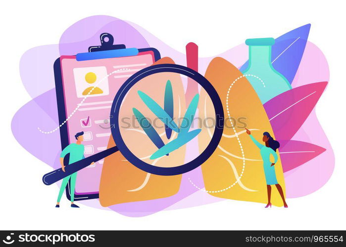 Doctot with magnifier looking at bacteria in lungs. Tuberculosis, mycobacterium tuberculosis and world tuberculosis day concept on white background. Bright vibrant violet vector isolated illustration. Tuberculosis concept vector illustration.