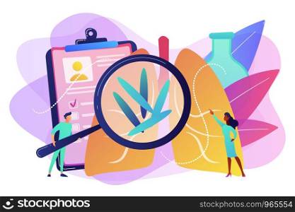 Doctot with magnifier looking at bacteria in lungs. Tuberculosis, mycobacterium tuberculosis and world tuberculosis day concept on white background. Bright vibrant violet vector isolated illustration. Tuberculosis concept vector illustration.