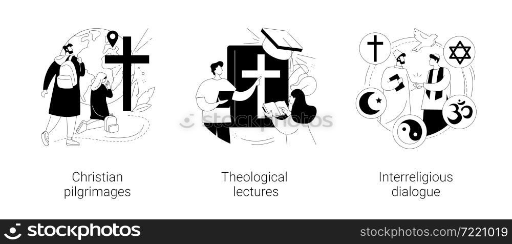 Doctrine of god abstract concept vector illustration set. Christian pilgrimages, theological lectures, interreligious dialogue, church father, religious symbol, visit saint place abstract metaphor.. Doctrine of god abstract concept vector illustrations.