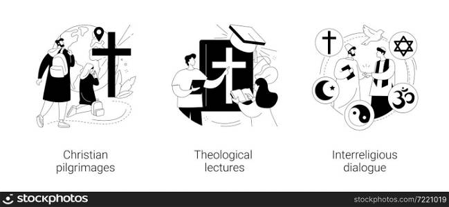 Doctrine of god abstract concept vector illustration set. Christian pilgrimages, theological lectures, interreligious dialogue, church father, religious symbol, visit saint place abstract metaphor.. Doctrine of god abstract concept vector illustrations.