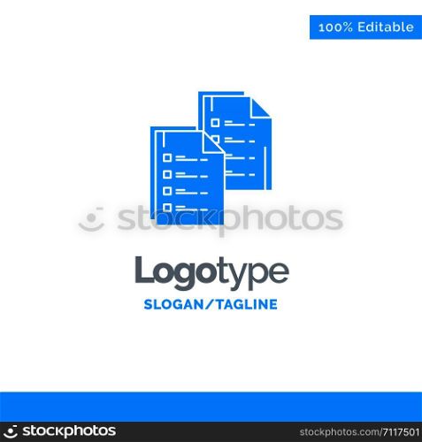 Document, Analytics, Data, Copy, Paper, Resume Blue Solid Logo Template. Place for Tagline