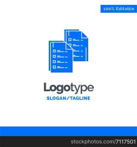 Document, Analytics, Data, Copy, Paper, Resume Blue Solid Logo Template. Place for Tagline