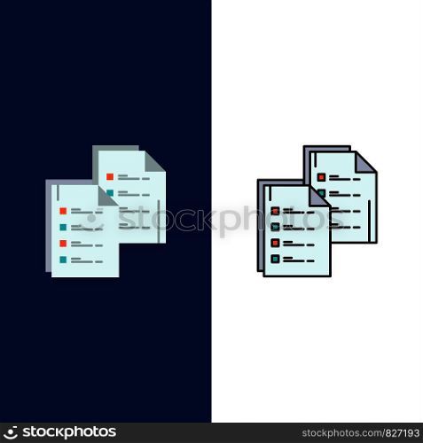 Document, Analytics, Data, Copy, Paper, Resume Icons. Flat and Line Filled Icon Set Vector Blue Background